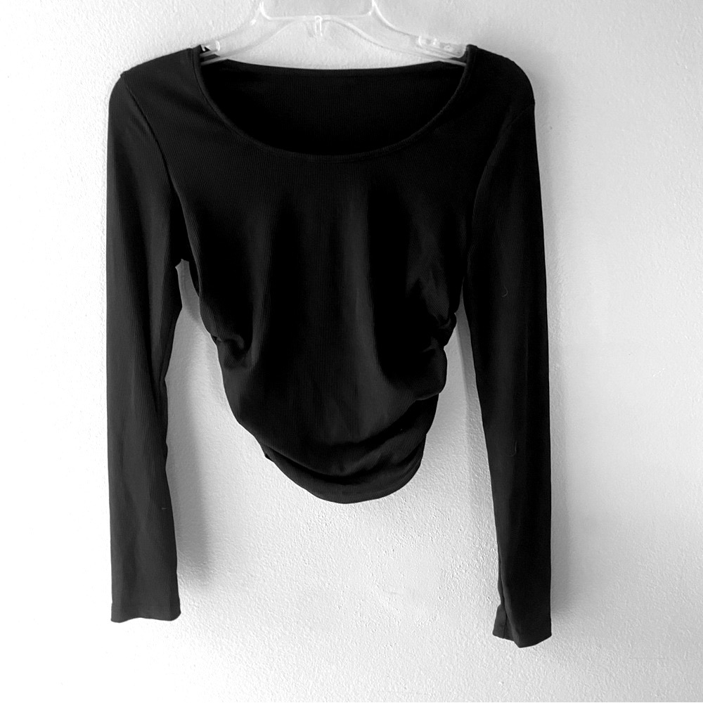 SHEIN BLACK LONG SLEEVE CROP RUCHED STRETCH TOP SIZE SMALL